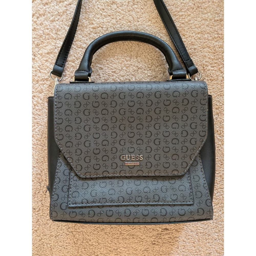 Guess Charcoal Gray Black Monogram Satchel Crossbody Bag Leopard Lining